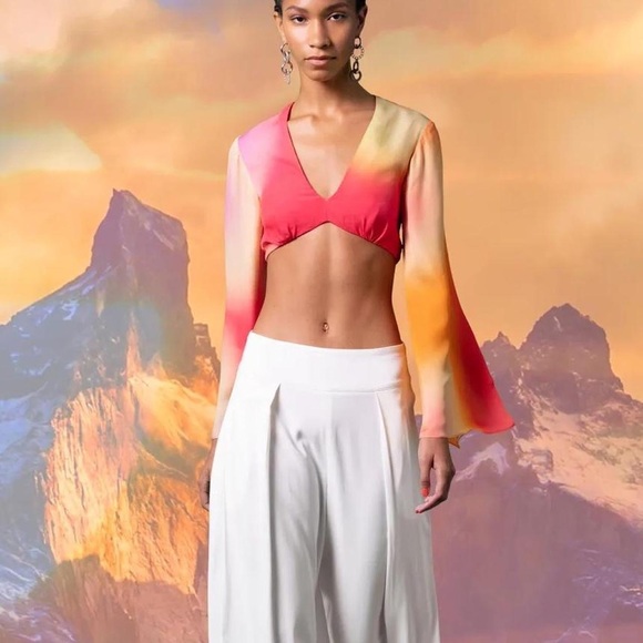 Nicole Miller Runway Crop Top 70s Ombré Silk Laced Open Back Flare Long Sleeve - Picture 5 of 8